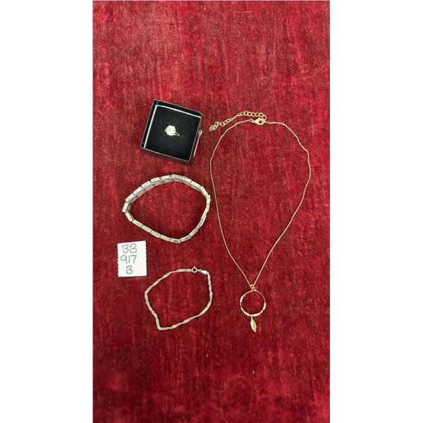 Solitaire Ring Size 6, Twisted Curb Chain Bracelet, Two-Tone Link Bracelet, and Leaf Pendant