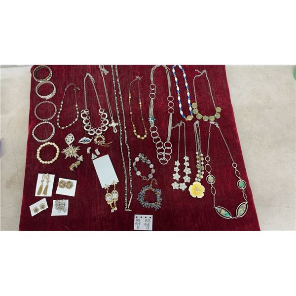 Assorted Costume Jewelry Including Rhinestone Bracelets, Necklaces, Brooches, Earrings