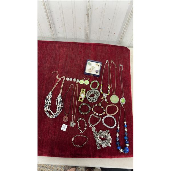Assorted Costume Jewelry Including Necklaces, Bracelets, Earrings, Rings, and Watch