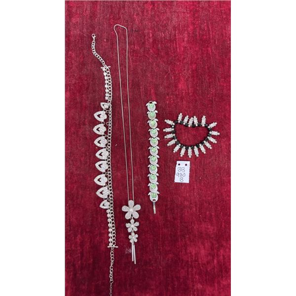 Silver-Tone Costume Jewelry Lot: Rhinestone Bracelets, Floral Tassel Necklace