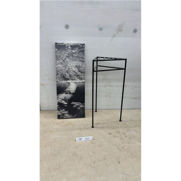Black and White Canvas Art, 24 × 9” and Black Metal Plant Stand 20” Tall