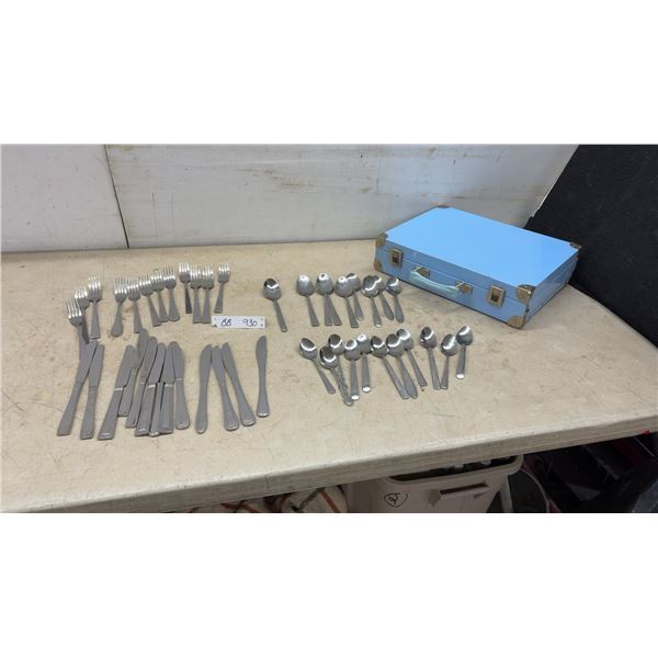Assorted Flatware Set with Blue Case: 10 Forks, 10 Knives, 19 Spoons