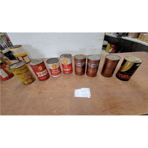 Vintage Oil Can Lot: Aeroshell 65, Shell X-100, Rotella, Esso Transmission Fluid, Uniflo 8 quart