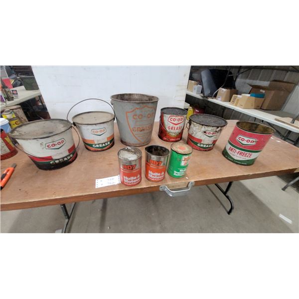 Vintage CO-OP Grease Pails, HD7 Motor Oil, Anti-Freeze, and Transmission Oil Tins
