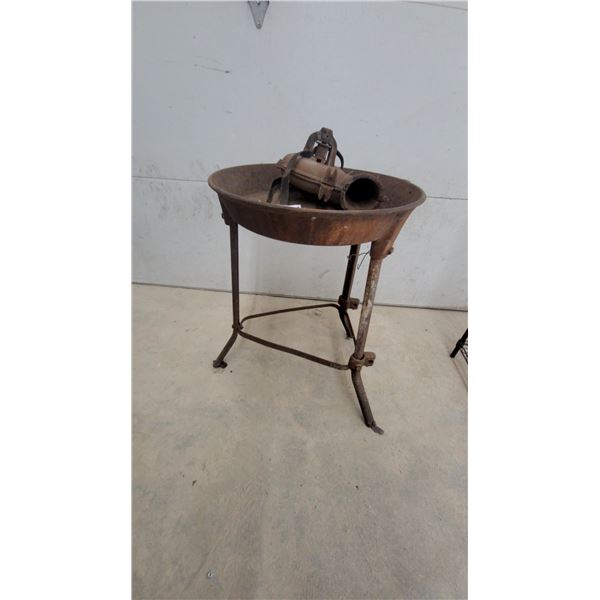 Antique Hand-Cranked Blacksmith's Forge with Cast Iron Fire Pot and Blower on Tripod Stand