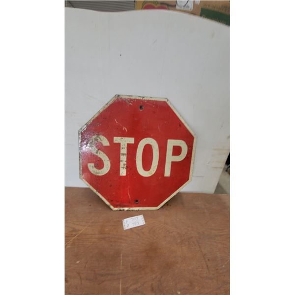 Vintage Red Octagonal Metal Stop Sign with White Lettering 24”across