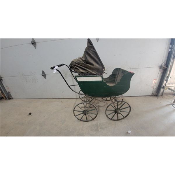 Antique Late 19th/Early 20th Century Dark Green Wooden Baby Carriage Perambulator with Hood