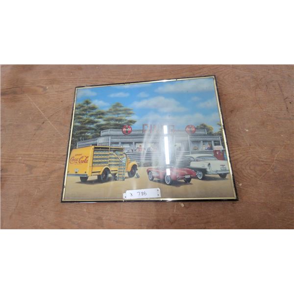 Framed Coca-Cola Diner Print with Delivery Truck and Classic Cars