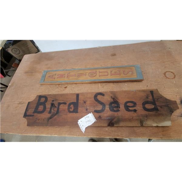 Rustic Wooden Signs Including "Bird Seed" and "Antiques" with Painted Lettering biggest 40”×9”