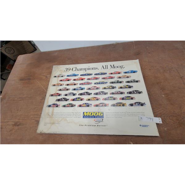 Moog Chassis Parts "39 Champions. All Moog." 2004 NASCAR Promotional on hard board 18”×24”