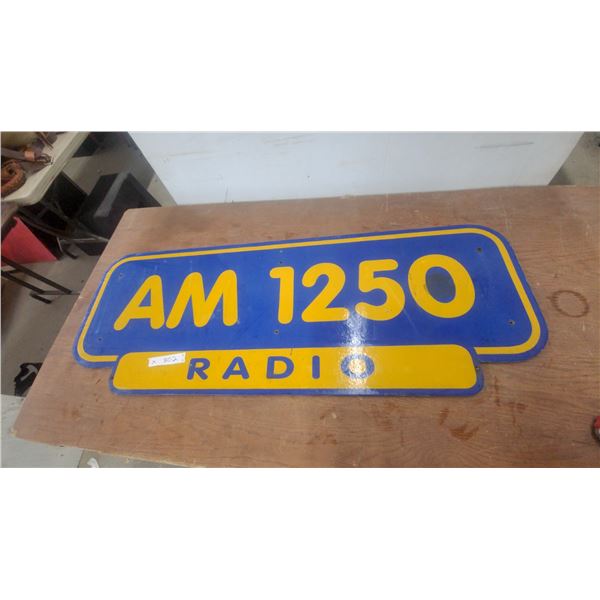 Vintage AM 1250 Radio Station Advertising Sign, Blue and Yellow Painted wood 18”×48”