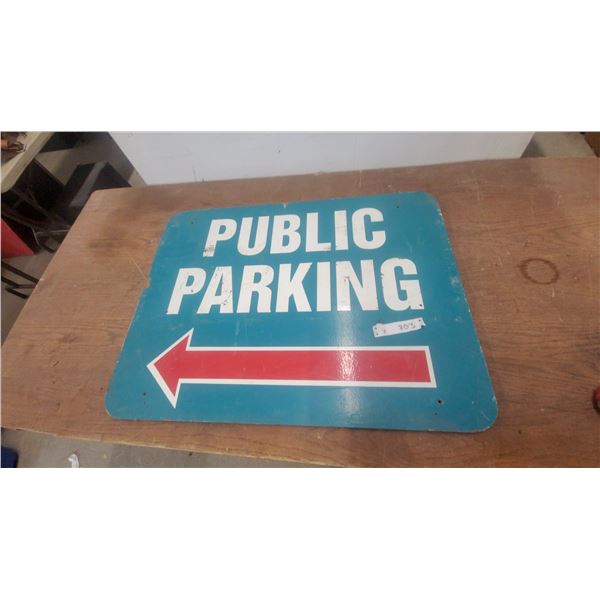 Vintage Painted wooden "Public Parking" Sign with Red Arrow, Blue and White 24”×32”