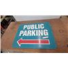 Image 1 : Vintage Painted wooden "Public Parking" Sign with Red Arrow, Blue and White 24”×32”