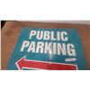 Image 3 : Vintage Painted wooden "Public Parking" Sign with Red Arrow, Blue and White 24”×32”