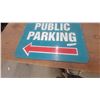 Image 4 : Vintage Painted wooden "Public Parking" Sign with Red Arrow, Blue and White 24”×32”