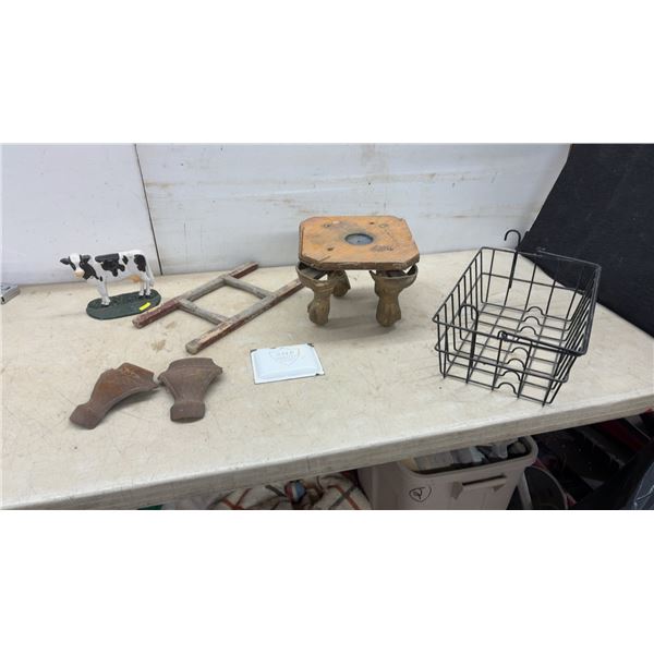 Stool with Cast Iron Legs, Wooden Ladder, and SMP Quality Stoves Enamel Plate