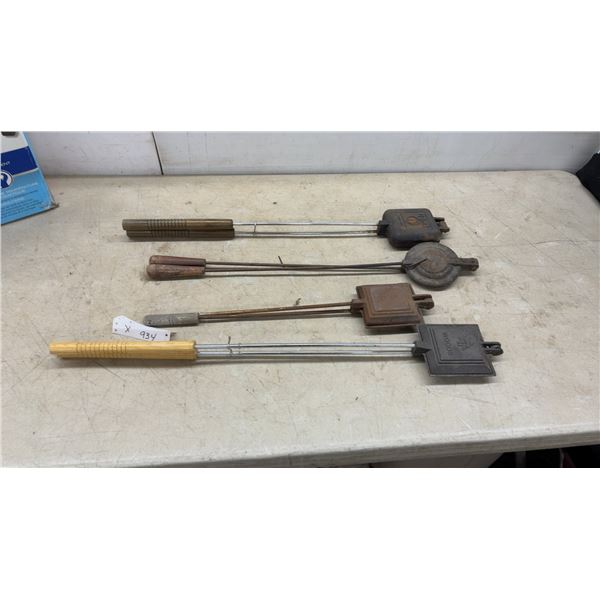 Four Cast Iron Pie Irons: Rome Square, Round, Square, and Woods Square