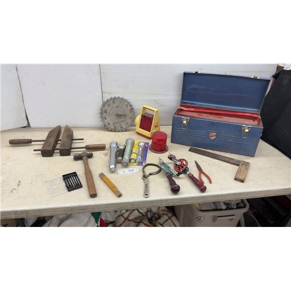 Vintage Metal Tool Box, Flashlights, Hammer, Wood Clamps, and Oil Wrench