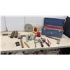 Image 1 : Vintage Metal Tool Box, Flashlights, Hammer, Wood Clamps, and Oil Wrench