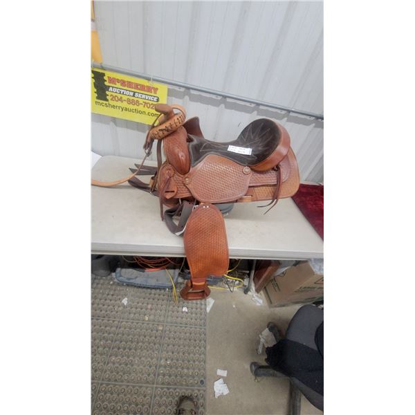 Western Saddle with Basketweave Tooling, Dark Brown Suede Seat, 16” Seat