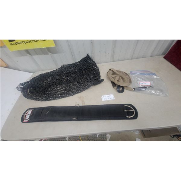 36” Black Western Cinch, Black Mesh Hay Net, and Tan Longe Line with Snap Clip