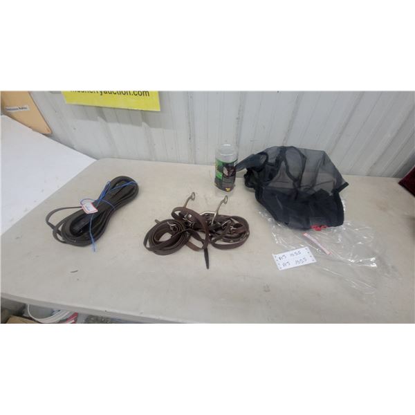 Equestrian Tack Lot: Lunge Line, Leather Bridle Parts with Bits, Fly Mask