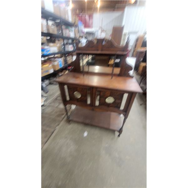 Fancy Antique Carved Wood Sideboard with Mirrored Backsplash and Lower Cabinet Doors 56”×42”×17”
