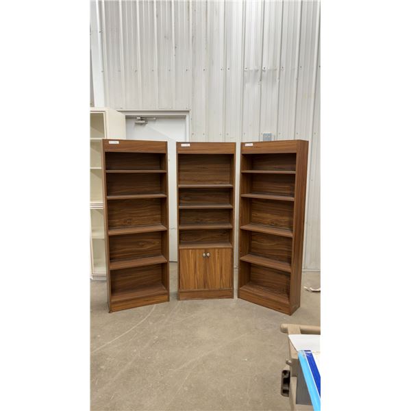 Three Wood Bookcases, One with Two-Door Cabinet and Blue Snowflake Knobs 25 × 10 × 68