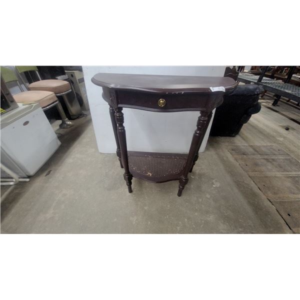 Dark Brown Demi-Lune Console Table with Turned Legs, Single Drawer, and Caned Lower Shelf