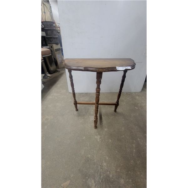 Vintage Wooden Demilune Console Table With Turned Legs and H-Stretcher Base 24”×22”×11”