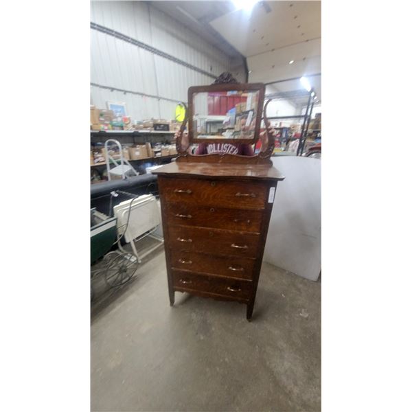 Antique Quarter-Sawn Oak 5-Drawer Highboy Dresser with Carved Mirror