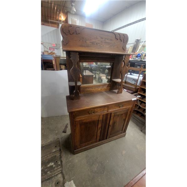 Antique Victorian Carved Oak Sideboard Buffet with Mirrored Hutch, 73” × 45” × 18”