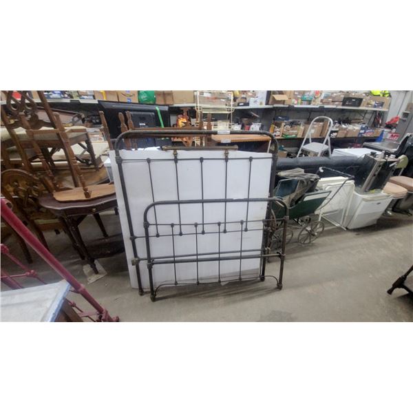Antique Cast Iron and Brass Bed Frame with Ornate Headboard and Brass Finials 45” wide