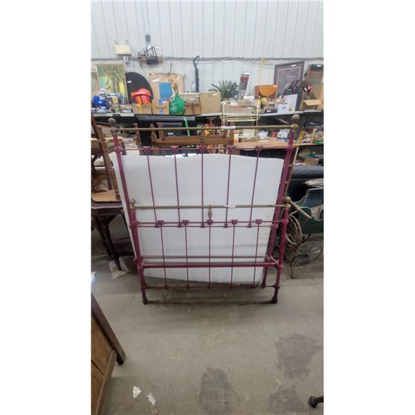 Antique Victorian Iron and Brass Bed Frame with Headboard and Brass Finials