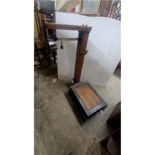 Antique Wooden Platform Warehouse Scale with Cast Iron Wheeled Base