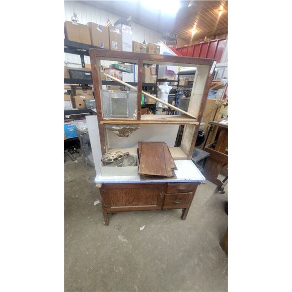 Antique Hoosier Cabinet with Porcelain-Enamel Worktop and Metal-Lined Bins