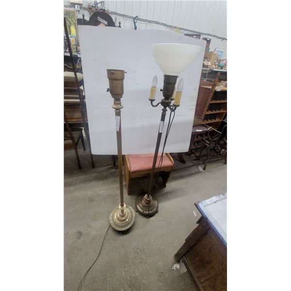 Pair of Vintage Brass Floor Lamps Including Torchiere with Milk Glass Shade and Candelabra Arms
