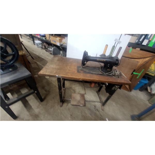 Vintage Singer 31-15 Industrial Sewing Machine on Wooden Table with Electric Motor and Foot Pedal