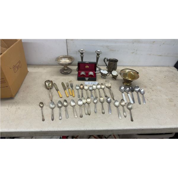 Assorted Silverplate and Brass Flatware, Candlesticks, Bowls, Creamer and Sugar