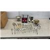 Image 1 : Assorted Silverplate and Brass Flatware, Candlesticks, Bowls, Creamer and Sugar