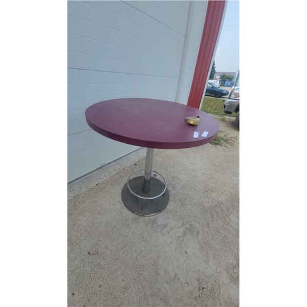 Round Maroon Pub Table with Chrome Pedestal Base and Footrest, 40” Diameter