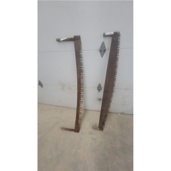 Pair of Antique Two-Man Crosscut Logging Saws with Wooden Handles both 60” long