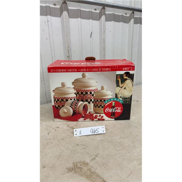 Coca-Cola Diner Set of 4 Stoneware Canisters with Red and Black Checkered Pattern- NOS