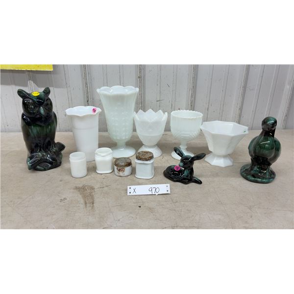 Milk Glass Vases and More With Blue Mountain-Style Pottery Owl, Duck, and Fawn Figurines