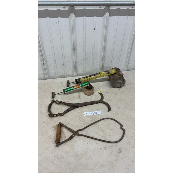 Vintage Hand Pump Sprayer with Glass Bottle and Small Ice Tongs