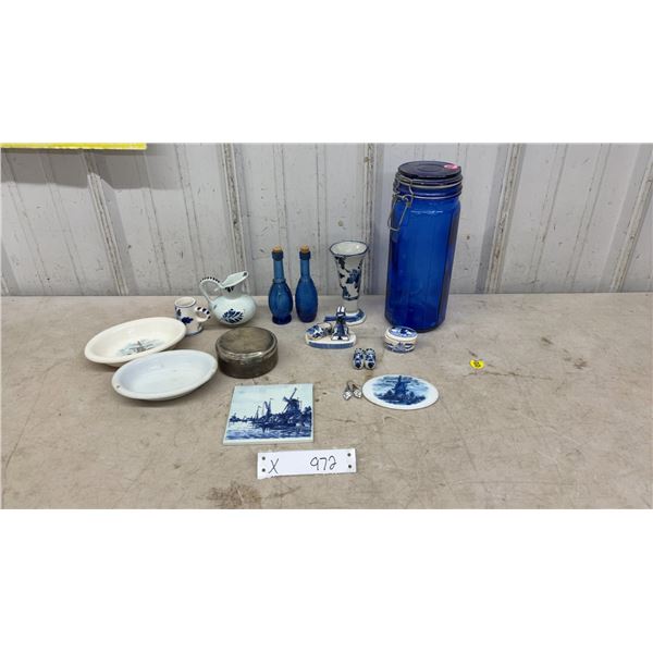 Delft Blue Hand-Painted Ceramic and Cobalt Blue Glass Assortment with Tile, Jar, Bottles