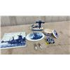 Image 6 : Delft Blue Hand-Painted Ceramic and Cobalt Blue Glass Assortment with Tile, Jar, Bottles