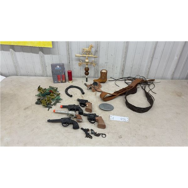 Vintage Toy Cap Guns, Plastic Army Men, Horse Weathervane, Shotshell Shaker Set