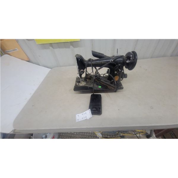 Vintage Singer Model 15-90 Sewing Machine Head with External Belt-Driven Motor and Foot Pedal