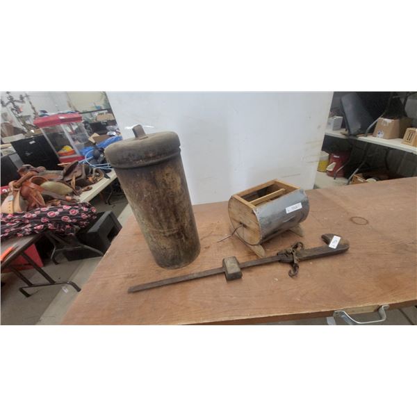 Antique Wooden Box-Style Butter Churn with Metal Enclosure and Paddle Crank Mechanism